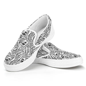 Black And White Tiger Pattern Print White Slip On Shoes