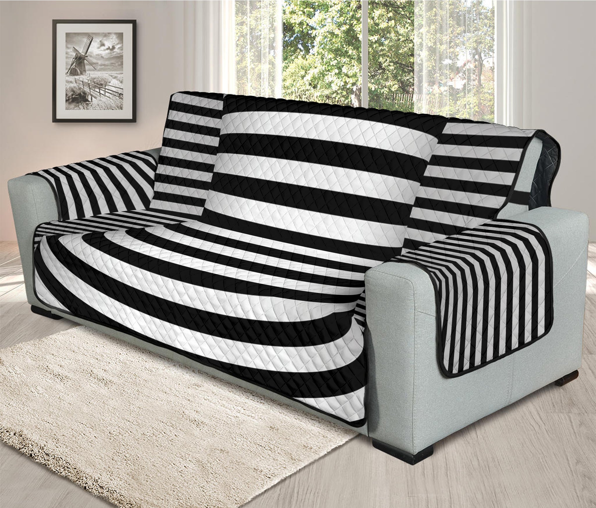 Black And White Torus Illusion Print Oversized Sofa Protector