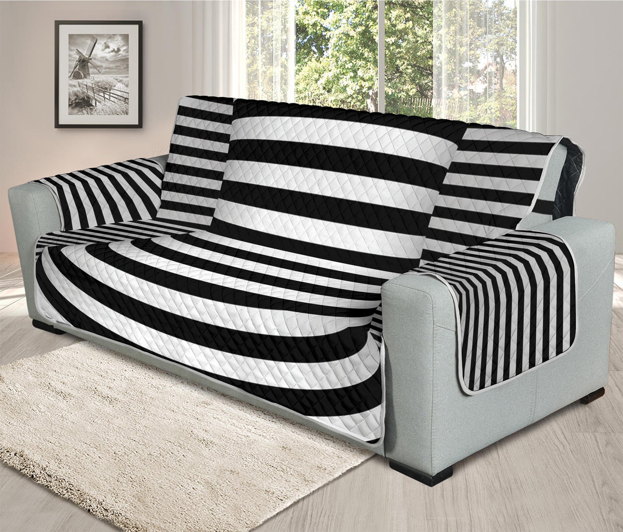 Black And White Torus Illusion Print Oversized Sofa Protector