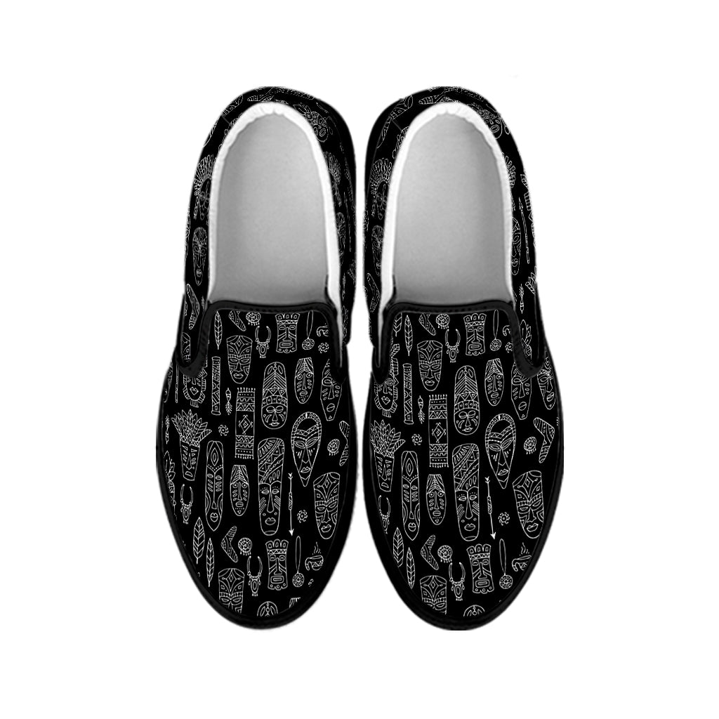 Black And White Totem Pattern Print Black Slip On Shoes