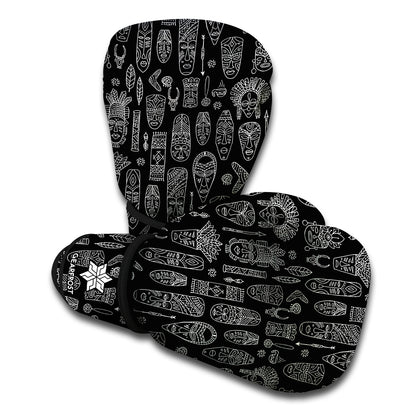 Black And White Totem Pattern Print Boxing Gloves