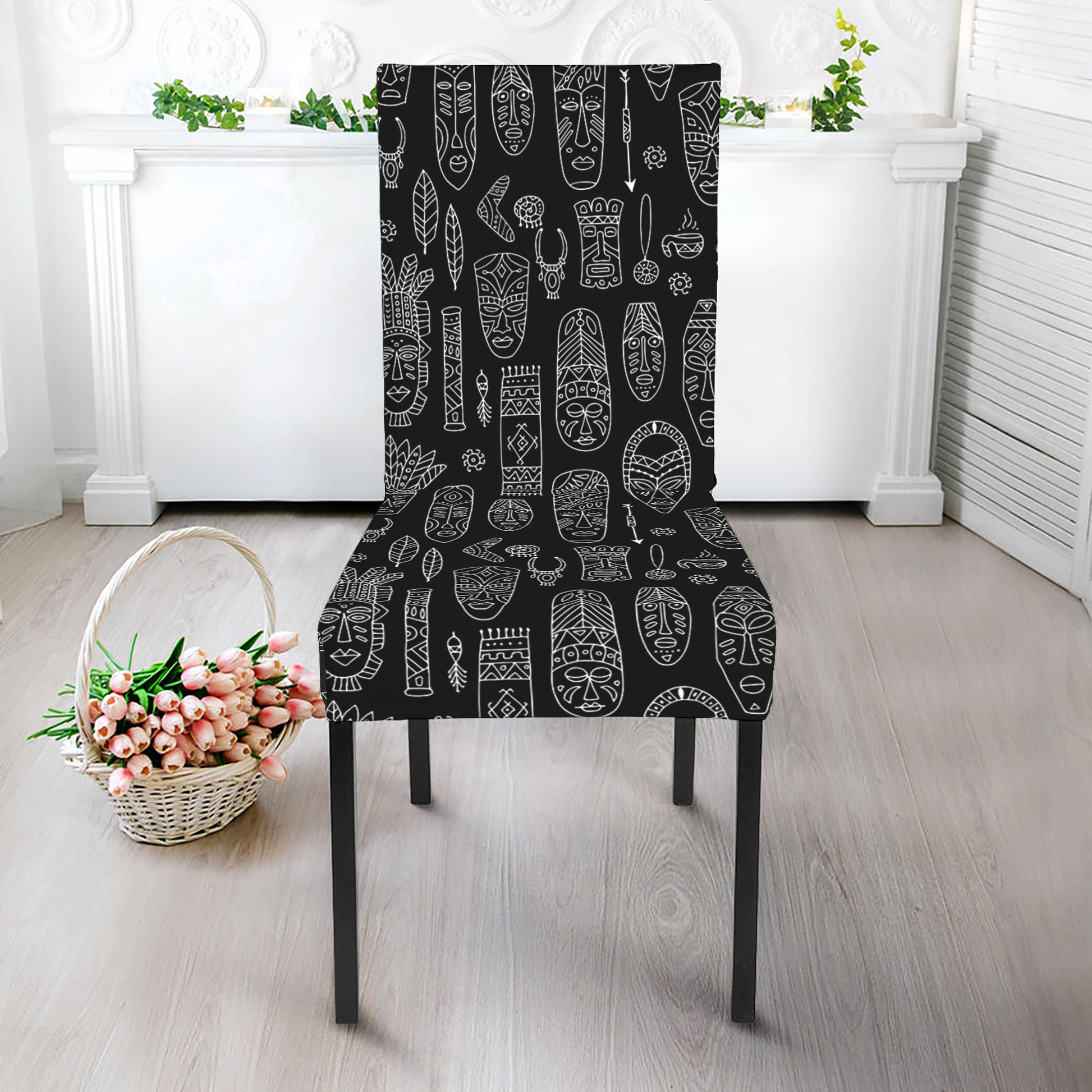Black And White Totem Pattern Print Dining Chair Slipcover