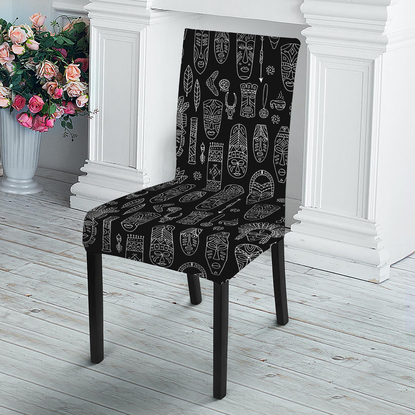Black And White Totem Pattern Print Dining Chair Slipcover