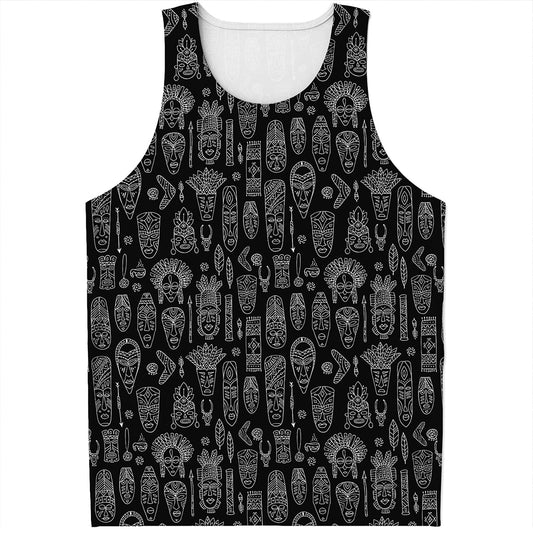 Black And White Totem Pattern Print Men's Tank Top