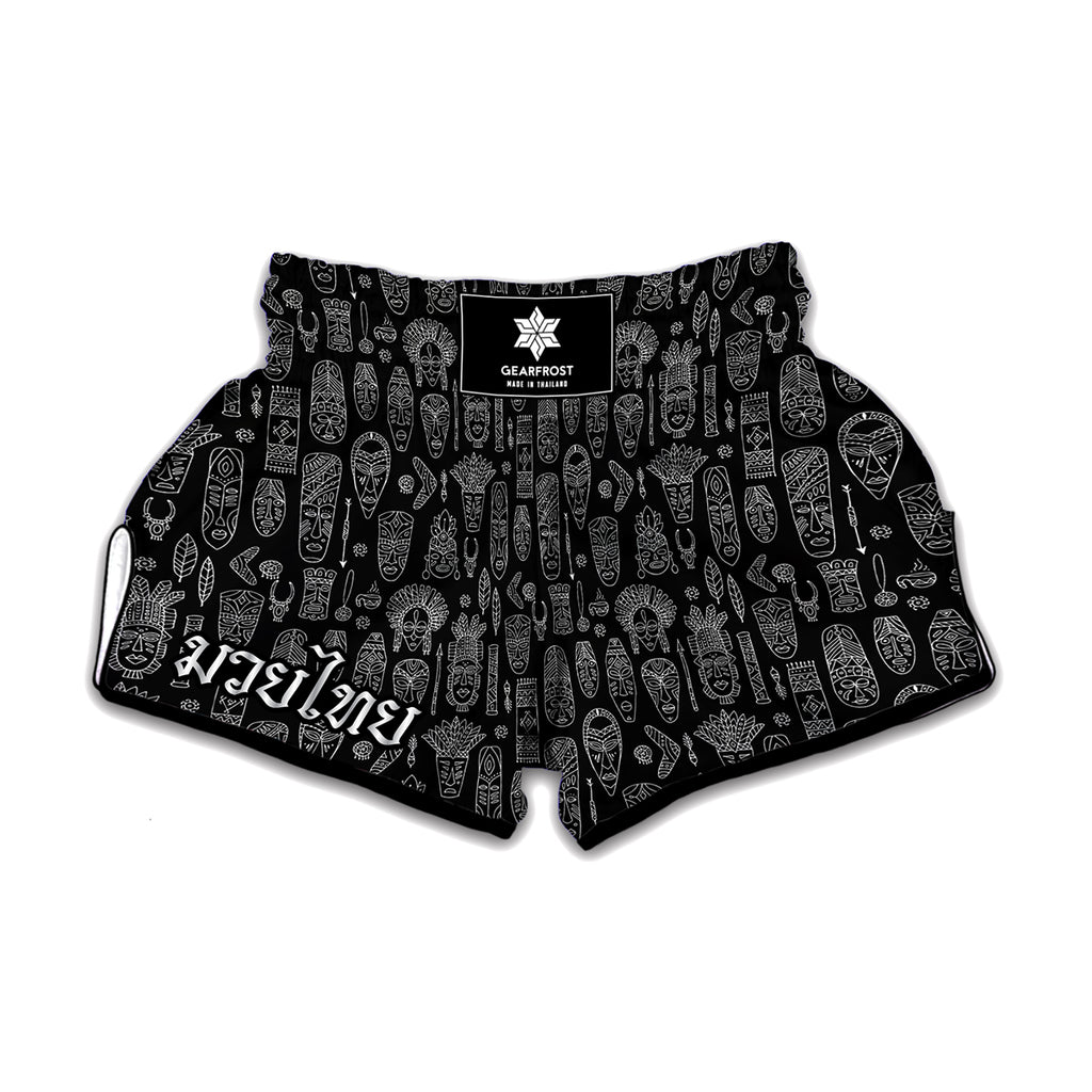 Black And White Totem Pattern Print Muay Thai Boxing Shorts