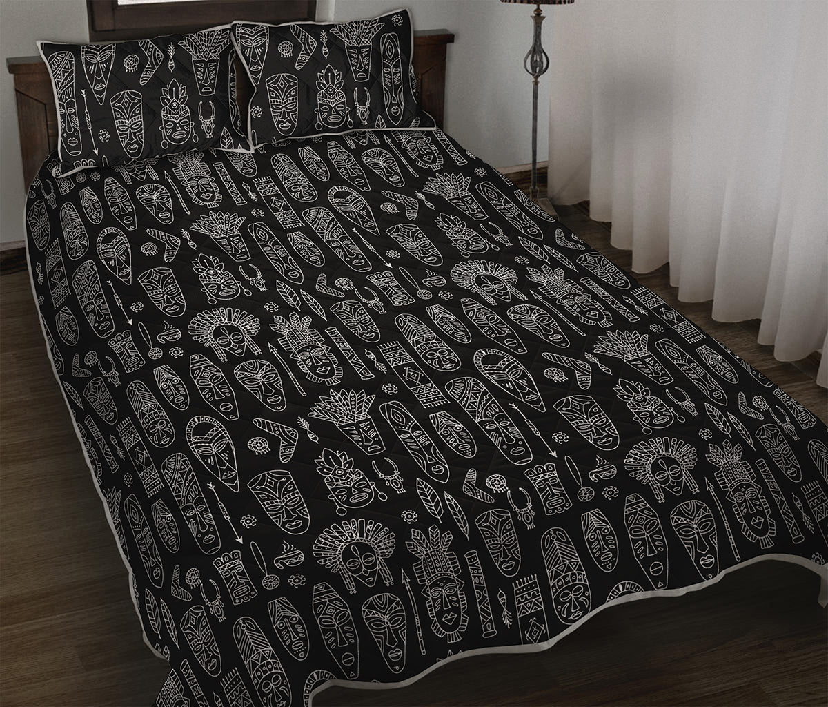 Black And White Totem Pattern Print Quilt Bed Set