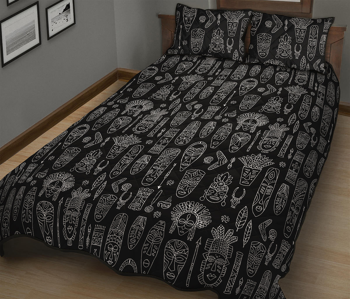Black And White Totem Pattern Print Quilt Bed Set