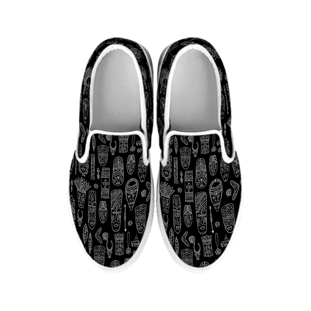 Black And White Totem Pattern Print White Slip On Shoes