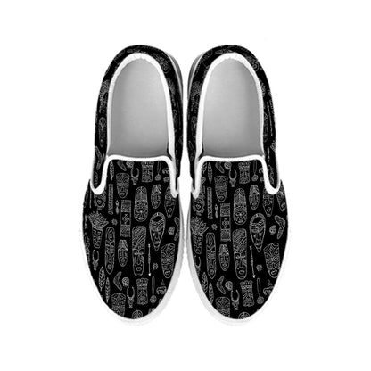 Black And White Totem Pattern Print White Slip On Shoes