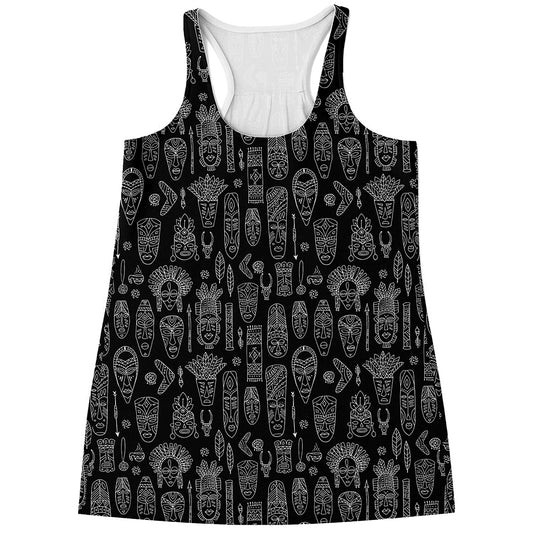 Black And White Totem Pattern Print Women's Racerback Tank Top