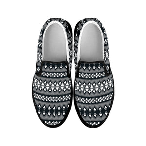 Black And White Tribal Geometric Print Black Slip On Shoes