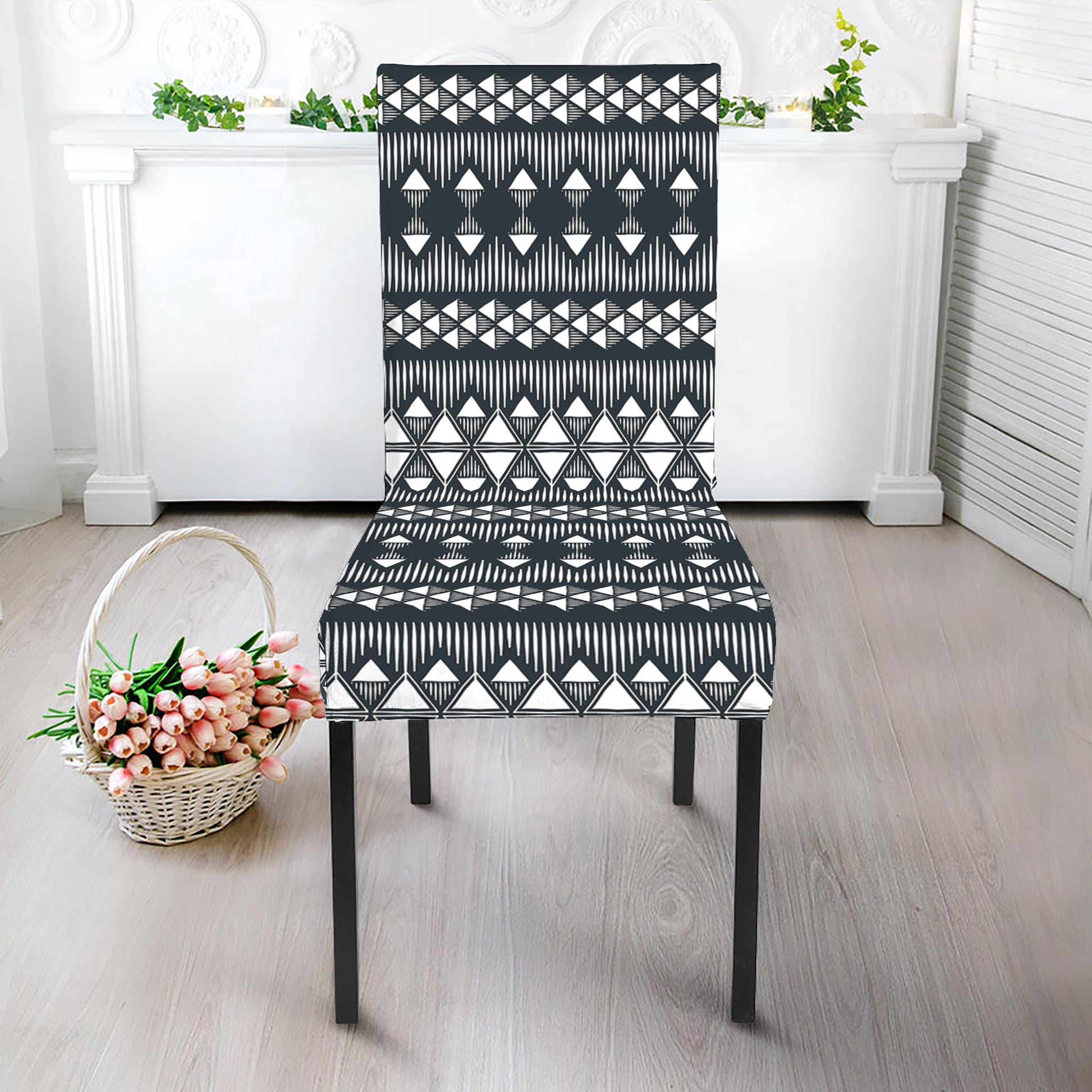 Black And White Tribal Geometric Print Dining Chair Slipcover