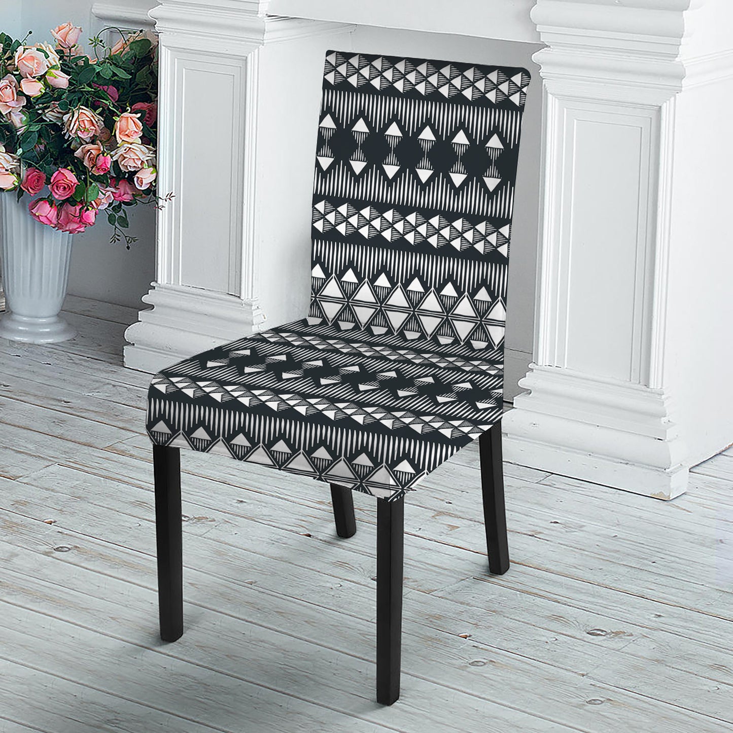 Black And White Tribal Geometric Print Dining Chair Slipcover