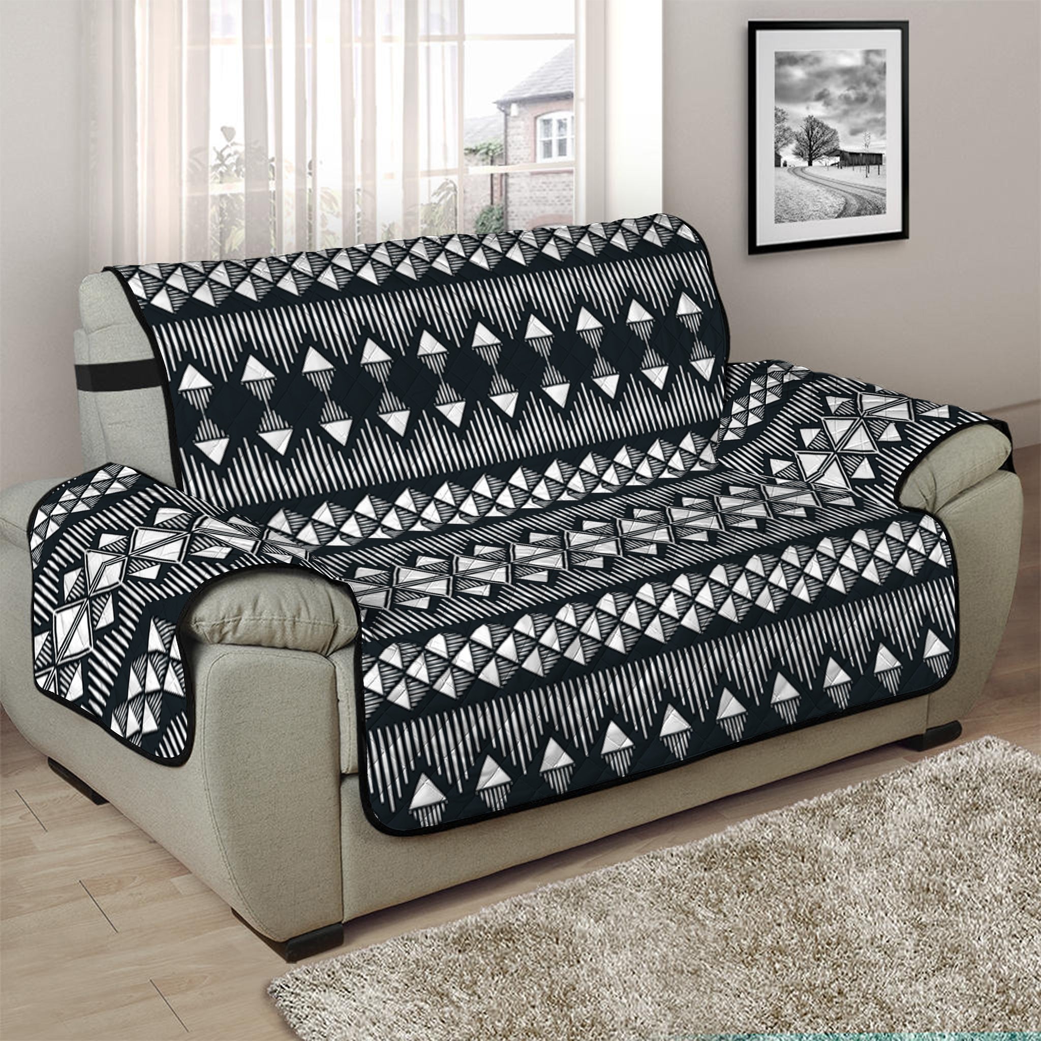 Black And White Tribal Geometric Print Half Sofa Protector