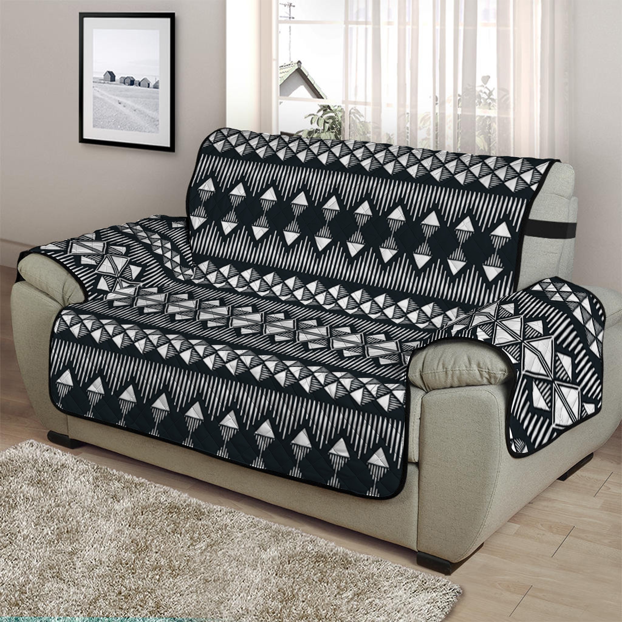 Black And White Tribal Geometric Print Half Sofa Protector