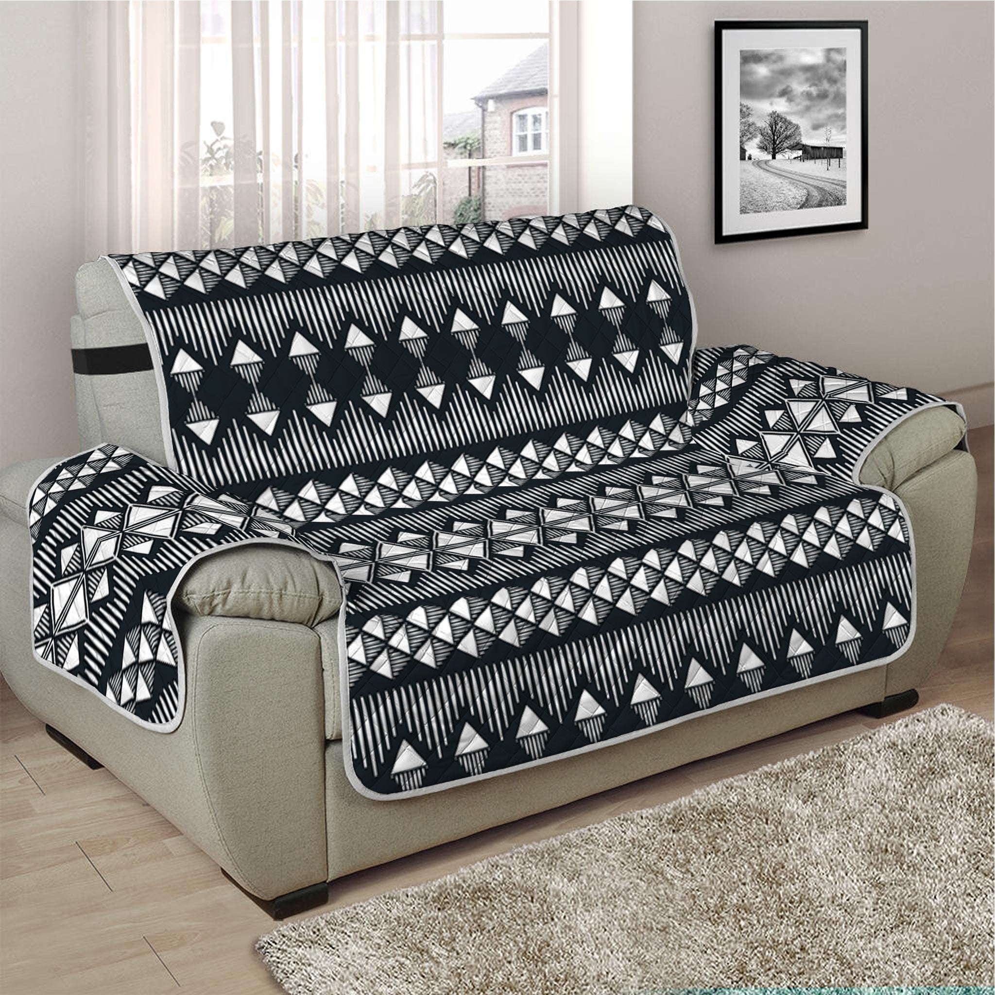 Black And White Tribal Geometric Print Half Sofa Protector