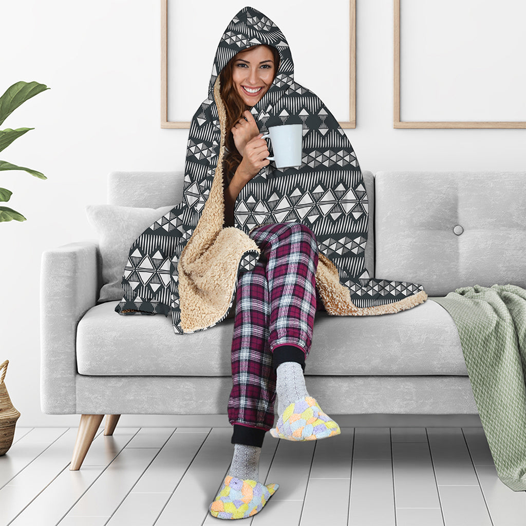 Black And White Tribal Geometric Print Hooded Blanket