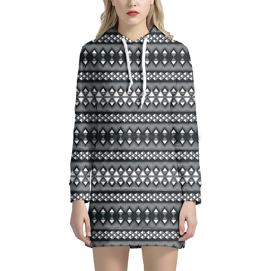 Black And White Tribal Geometric Print Hoodie Dress