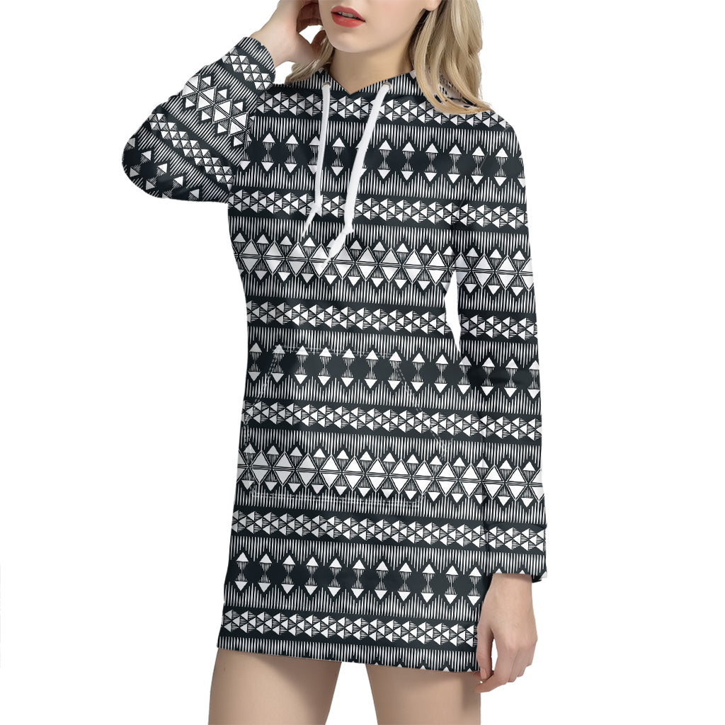 Black And White Tribal Geometric Print Hoodie Dress