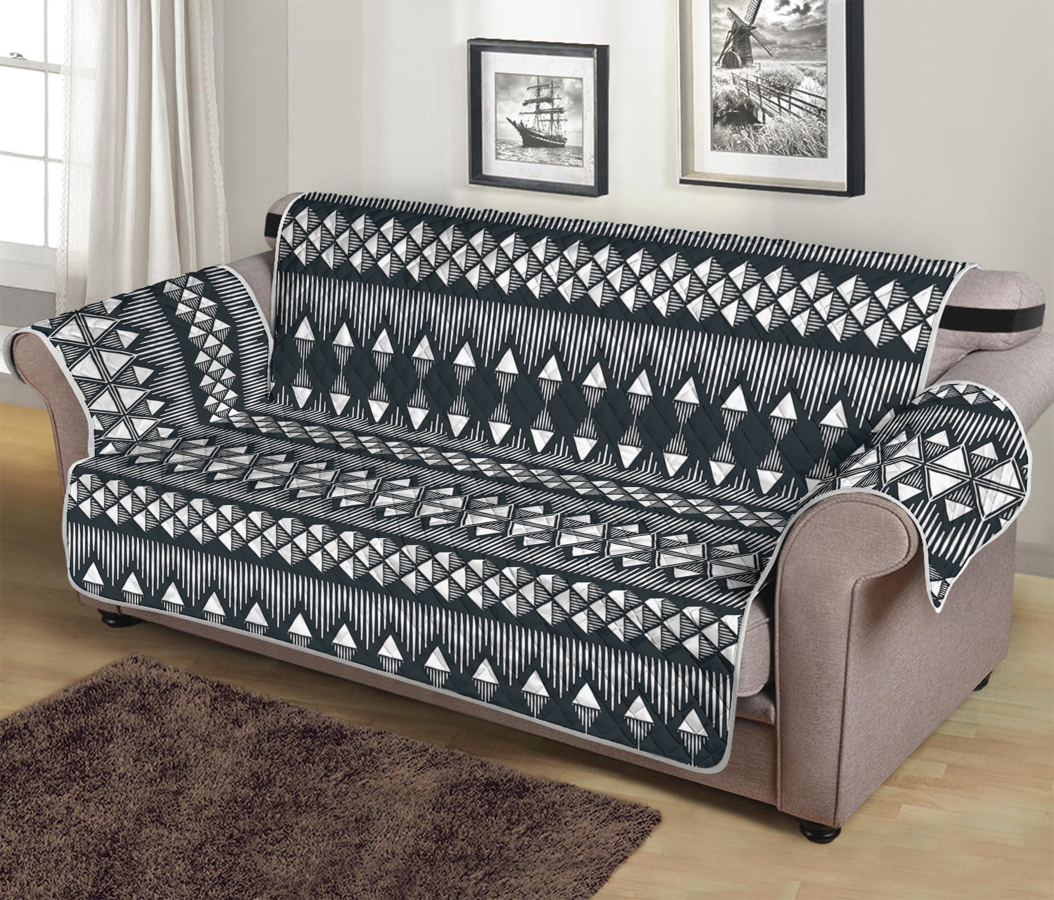 Black And White Tribal Geometric Print Sofa Protector