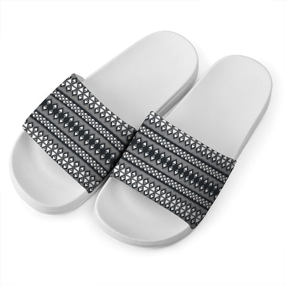 Black And White Tribal Geometric Print White Slide Sandals