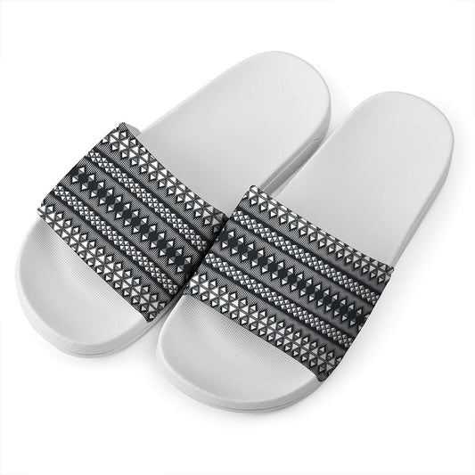 Black And White Tribal Geometric Print White Slide Sandals