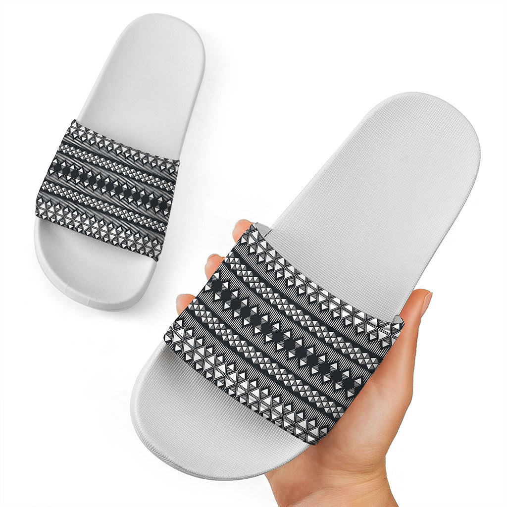 Black And White Tribal Geometric Print White Slide Sandals