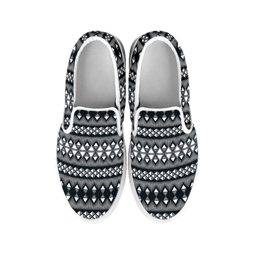 Black And White Tribal Geometric Print White Slip On Shoes