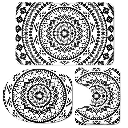 Black And White Tribal Mandala Print 3 Piece Bath Mat Set