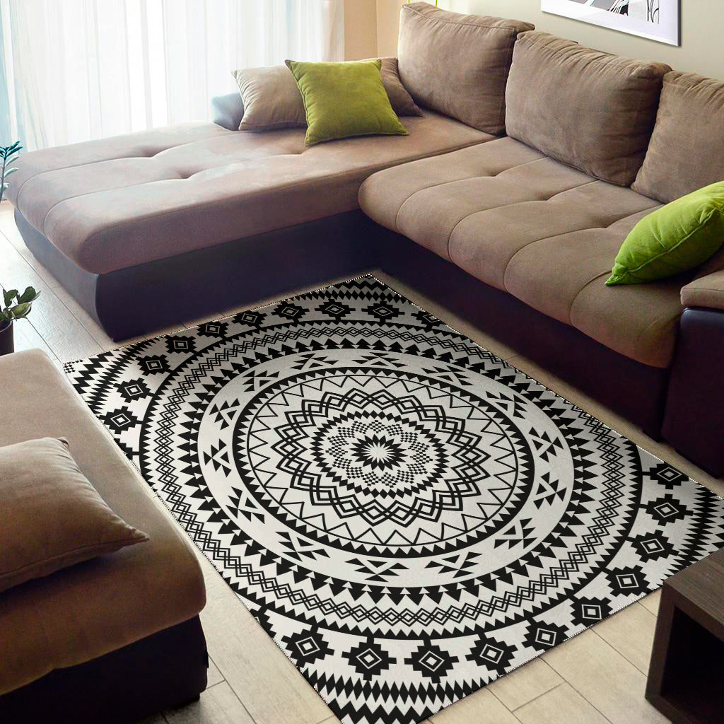 Black And White Tribal Mandala Print Area Rug