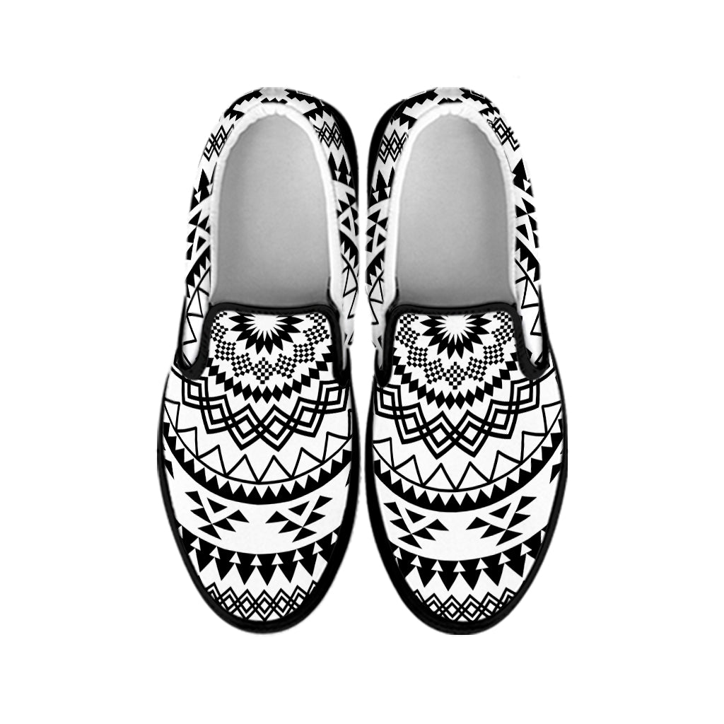 Black And White Tribal Mandala Print Black Slip On Shoes