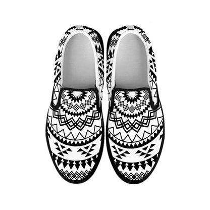 Black And White Tribal Mandala Print Black Slip On Shoes