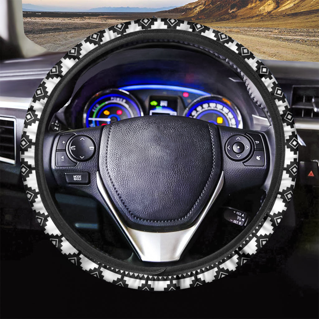 Black And White Tribal Mandala Print Car Steering Wheel Cover