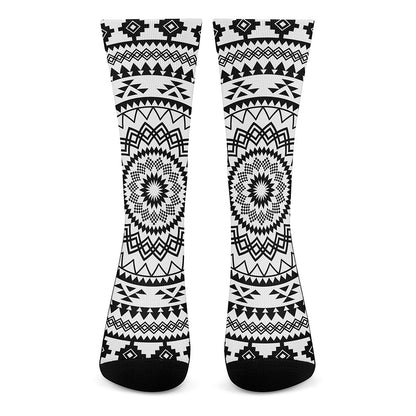 Black And White Tribal Mandala Print Crew Socks