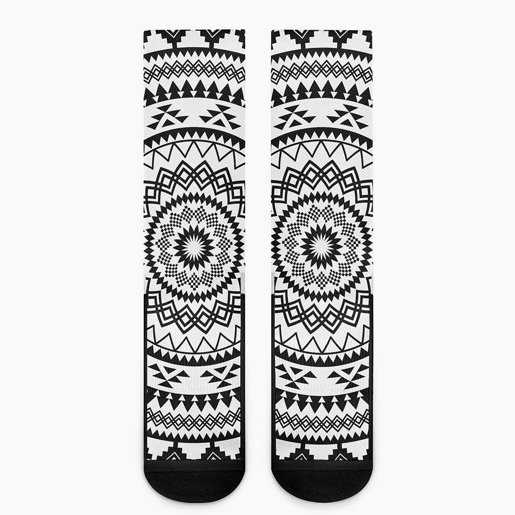 Black And White Tribal Mandala Print Crew Socks