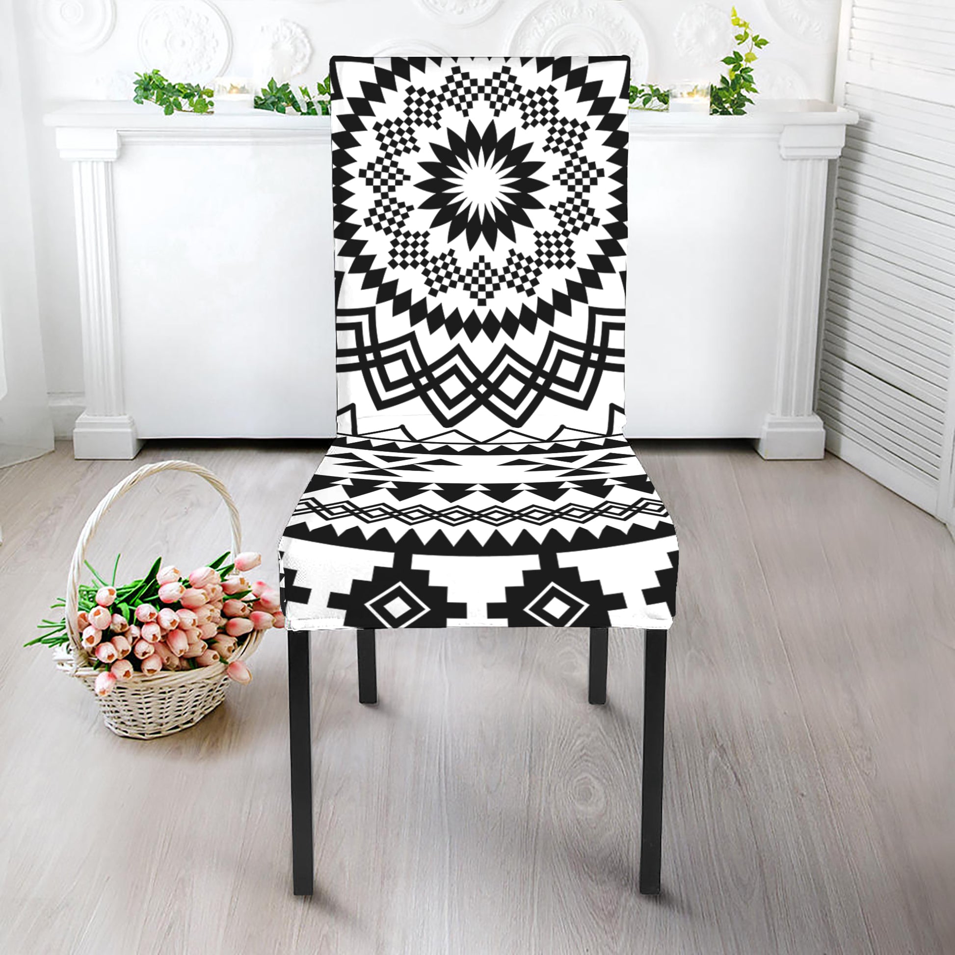 Black And White Tribal Mandala Print Dining Chair Slipcover