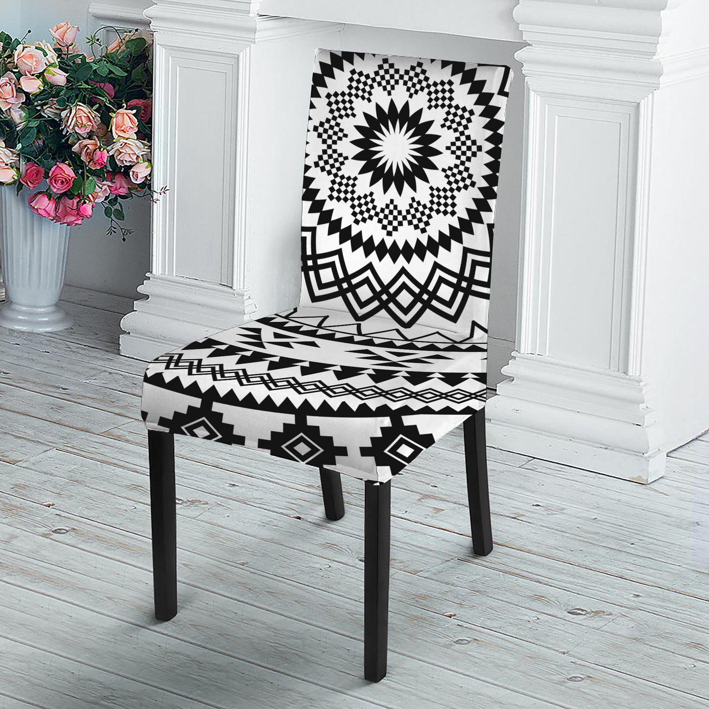 Black And White Tribal Mandala Print Dining Chair Slipcover