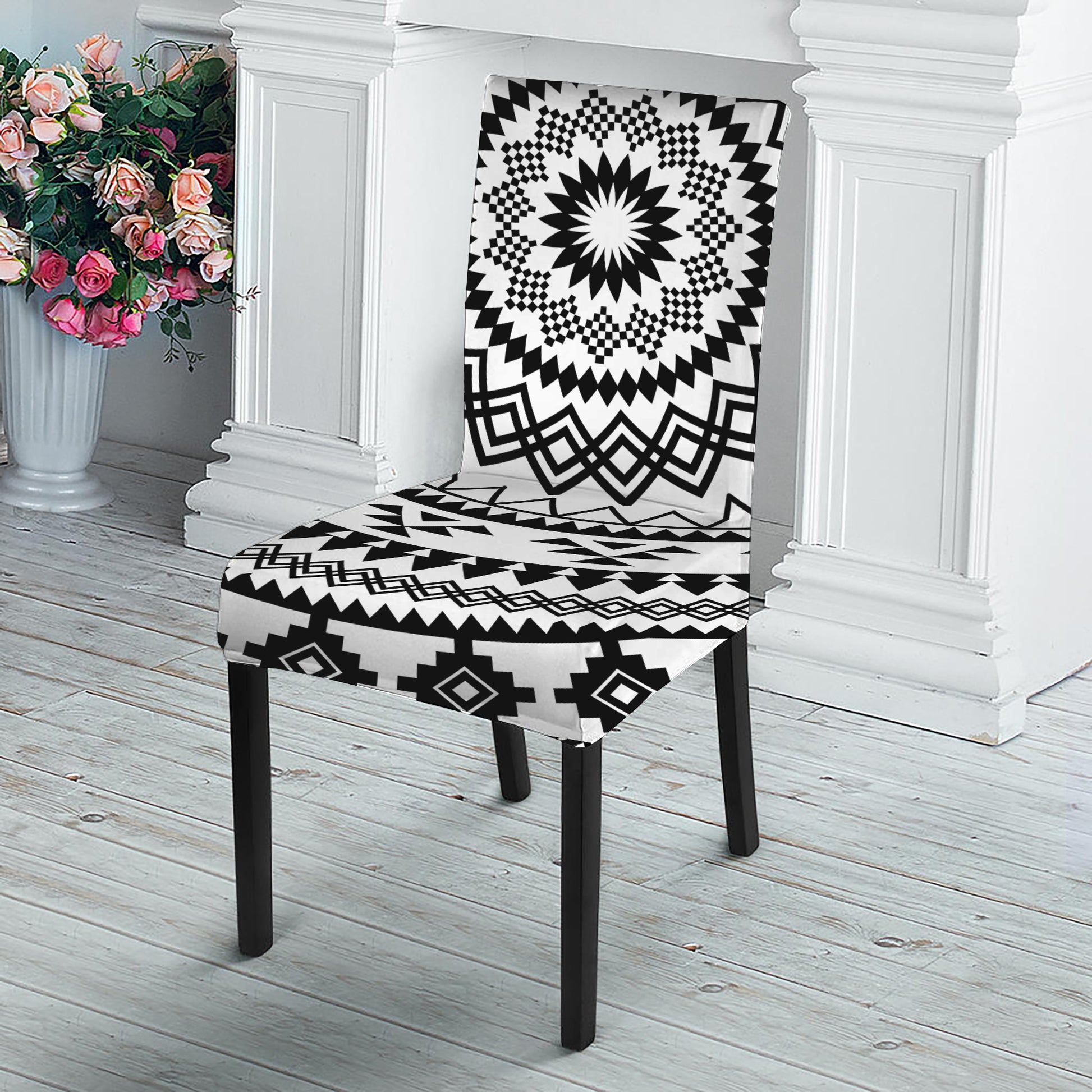 Black And White Tribal Mandala Print Dining Chair Slipcover