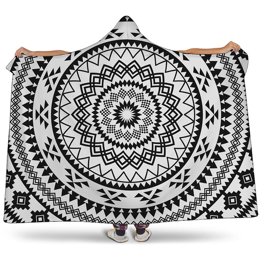 Black And White Tribal Mandala Print Hooded Blanket