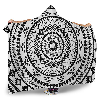Black And White Tribal Mandala Print Hooded Blanket