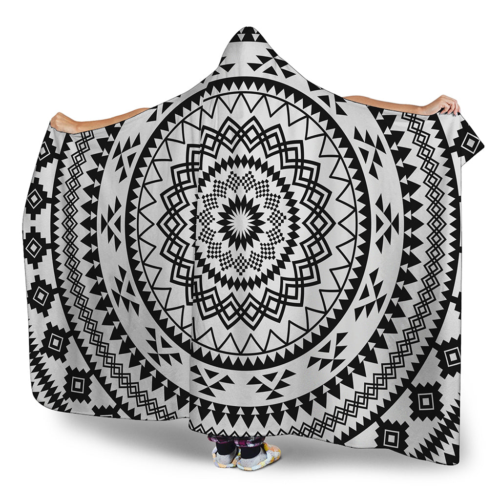 Black And White Tribal Mandala Print Hooded Blanket