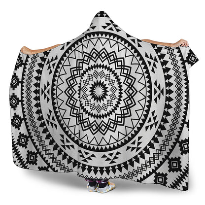Black And White Tribal Mandala Print Hooded Blanket