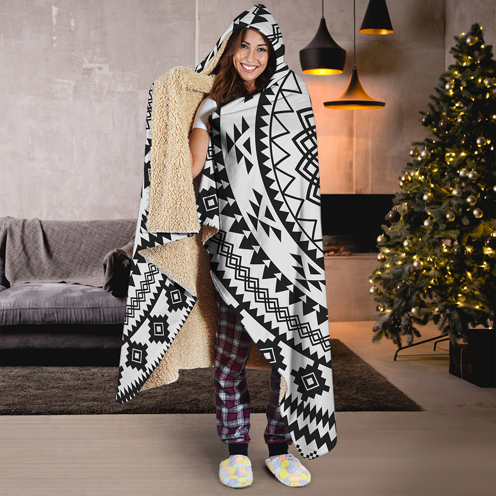 Black And White Tribal Mandala Print Hooded Blanket