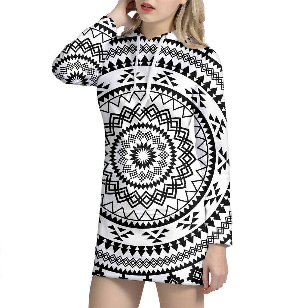 Black And White Tribal Mandala Print Hoodie Dress