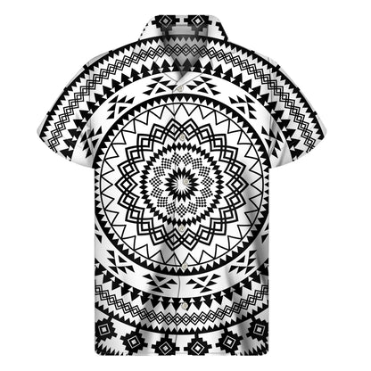 Black And White Tribal Mandala Print Men's Short Sleeve Shirt