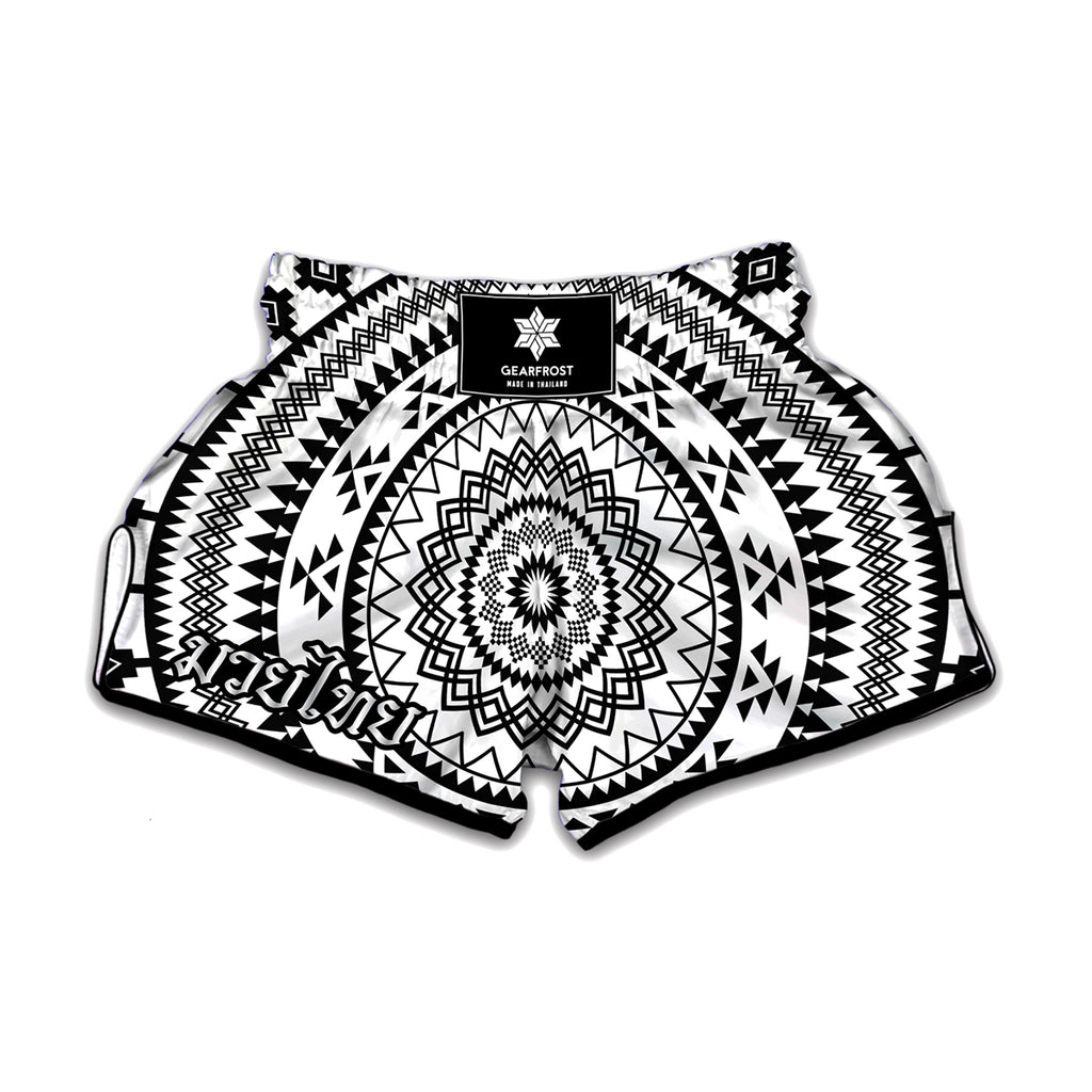 Black And White Tribal Mandala Print Muay Thai Boxing Shorts