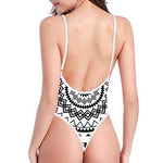 Black And White Tribal Mandala Print One Piece High Cut Swimsuit