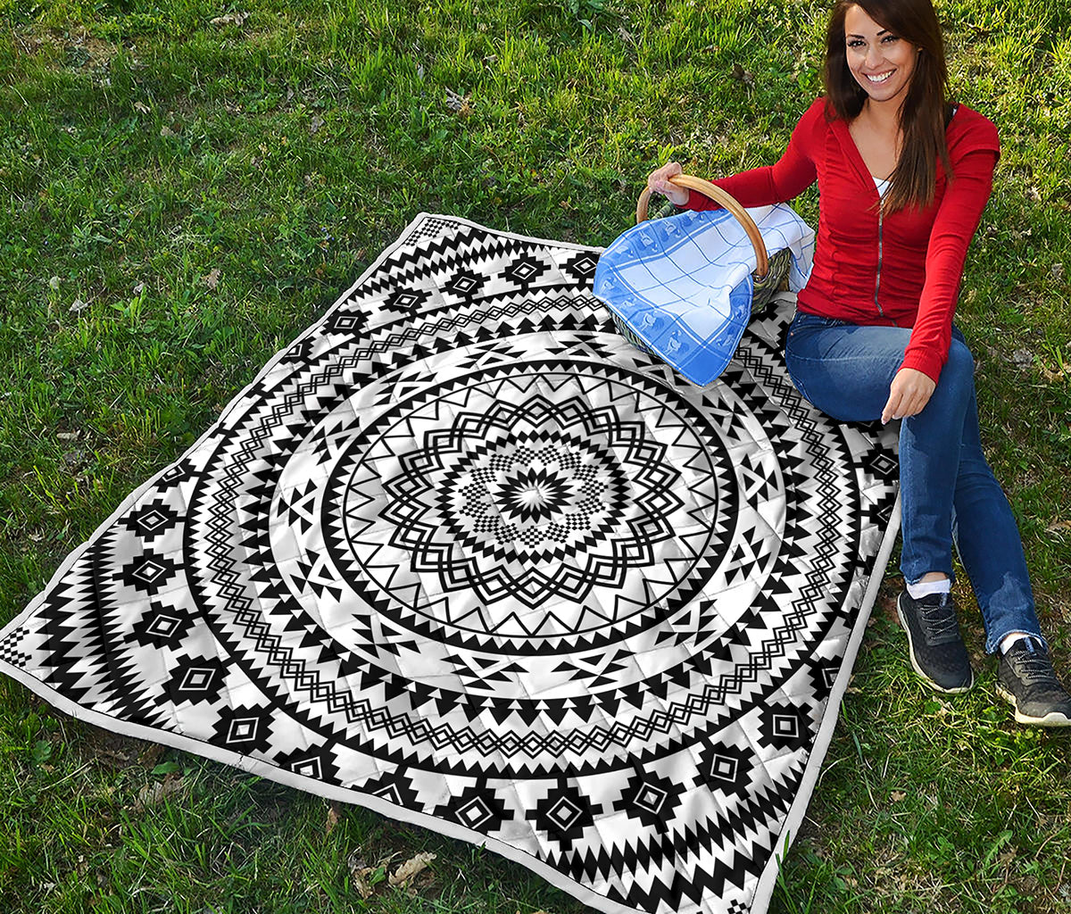 Black And White Tribal Mandala Print Quilt