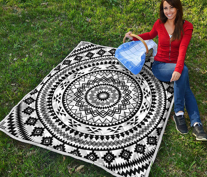 Black And White Tribal Mandala Print Quilt