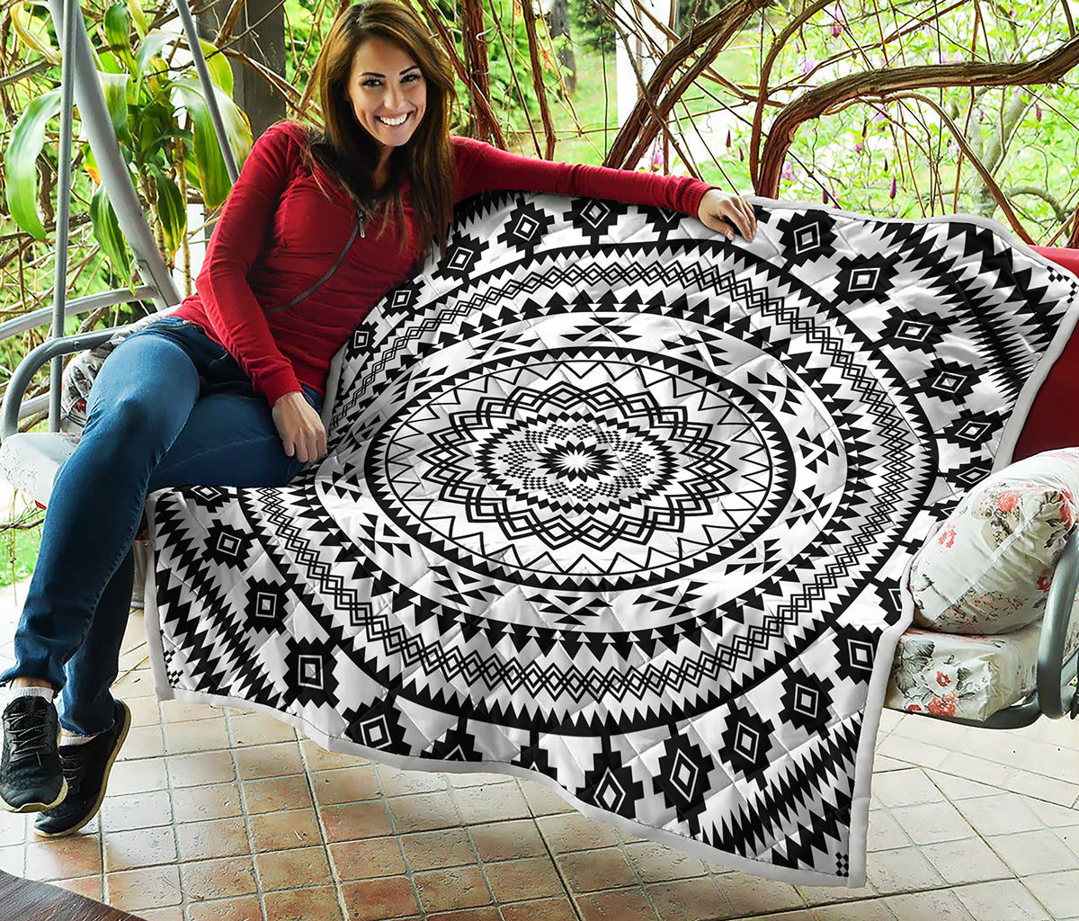 Black And White Tribal Mandala Print Quilt